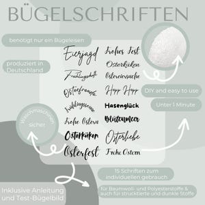 Puede incluir: Un conjunto de 15 fuentes de letras para planchar con temática de Pascua, incluyendo "Osterküken", "Osterfest" y "Frohe Ostern". Las fuentes están impresas sobre un fondo blanco con un borde gris. La imagen incluye instrucciones de uso y una imagen de prueba para planchar.