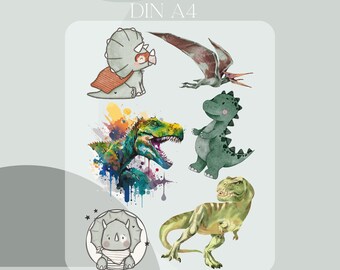 Könnte beinhalten: Ein Set von Dinosaurier-Bügelbildern. Die Designs umfassen einen Triceratops, einen Pterodactylus, einen T-Rex und einen grünen Dinosaurier. Die Bügelbilder sind in verschiedenen Farben gehalten, darunter Grün, Blau und Braun. Der Text oben lautet "DEIN BÜGELBILD SET - DIN A4".