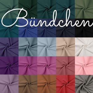 Könnte beinhalten: Eine Sammlung von 20 Stoffproben in verschiedenen Farben, darunter Grün, Blau, Grau, Rosa, Lila, Braun, Rot und Weiß. Der Stoff ist ein Strickmaterial mit leichter Textur. Das Wort "Bündchen" ist in Weiß über dem Bild geschrieben.