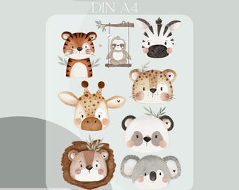 Könnte beinhalten: Ein Set aus Bügelbildern mit Aquarell-Tiergesichtern, darunter Tiger, Zebra, Faultier, Giraffe, Leopard, Panda, Löwe und Koala. Der Text "DEIN BÜGELBILD SET - DIN A4" steht oben. Der Text "Inklusive Anleitung und Test-Bügelbild" steht unten.