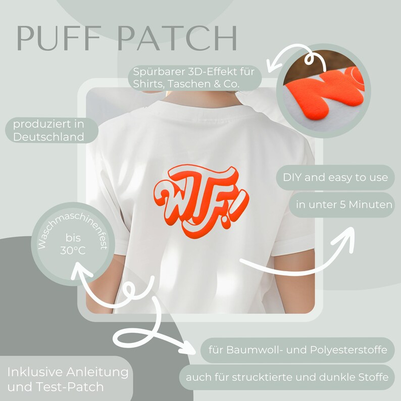 May include: A white t-shirt with a red and white "WTF!" puff patch. The patch is machine washable up to 30 degrees Celsius. The image also shows a close-up of the patch and instructions for applying it.