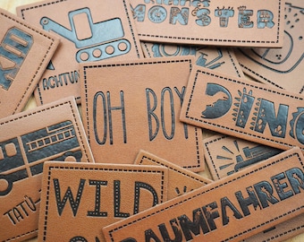 Etiqueta de piel sintética para niño, departamento de bomberos, policía, excavadora