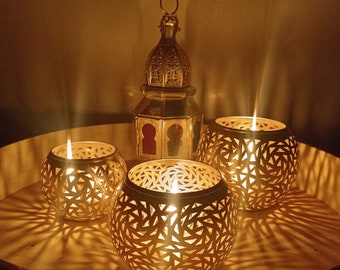 Brass Moroccan Candle Holder - Metal Candle Holder Round Brass Candle, Moroccan Candle Holders | Valentine's Day gift,