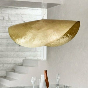 Brass pendant light, Italian-style luminaire suspension, lamp shaped like a golden leaf.