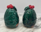 Vintage MADE IN JAPAN Lefton Holly and Berries Salt and Pepper Shakers - Egg Shaped - with Original Stickers and Stoppers - 1970 s - 1353