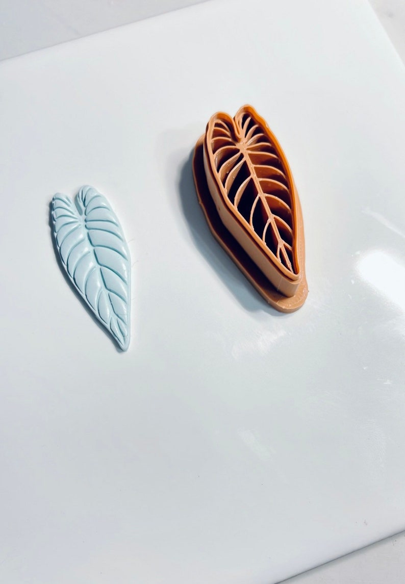 Puede incluir: Dos cortadores de galletas con forma de hoja, uno azul claro y otro marr&oacute;n. El cortador marr&oacute;n es un dise&ntilde;o de doble cara con un contorno elevado y un centro recortado.