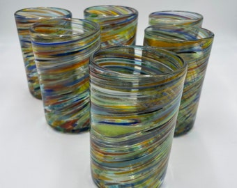 Hand Blown Mexican Glassware Twisted Confetti Tumbler Glass Set of 6