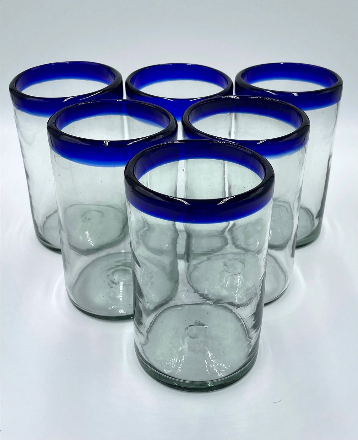 Hand Blown Mexican Glassware Blue Rim Etsy