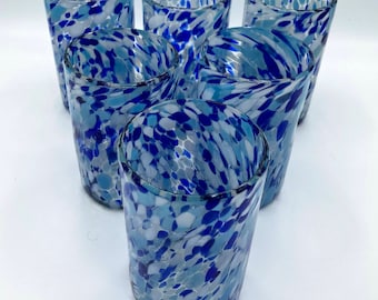 Hand Blown Mexican Glassware Blue/White Glasses