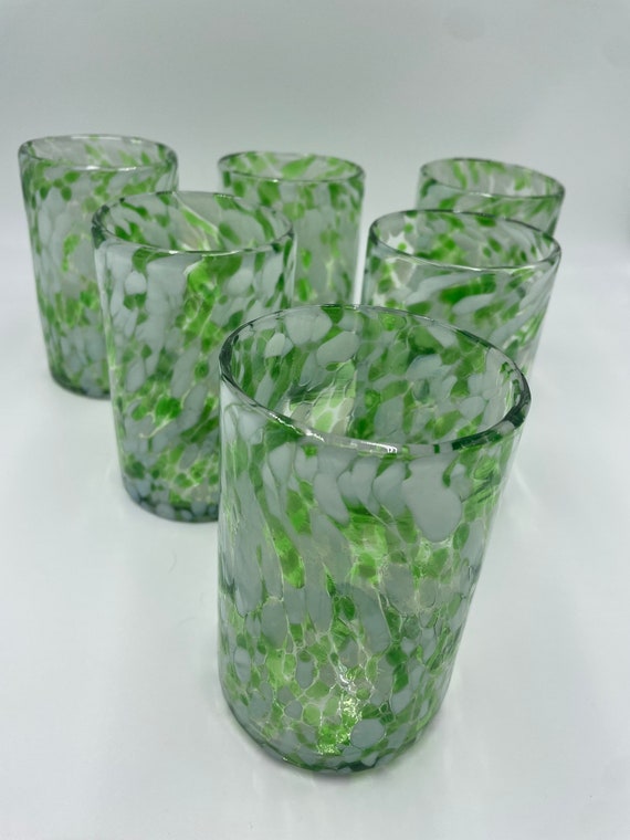 Hand Blown Mexican Glassware Green/White Tumbler Glass Set of 6