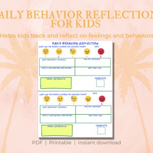 Puede incluir: Un PDF imprimible titulado "Reflexión diaria del comportamiento para niños" con un fondo rosa claro e ilustraciones de palmeras. La hoja de trabajo ayuda a los niños a rastrear sentimientos y comportamientos, con escalas de emoji y indicaciones.