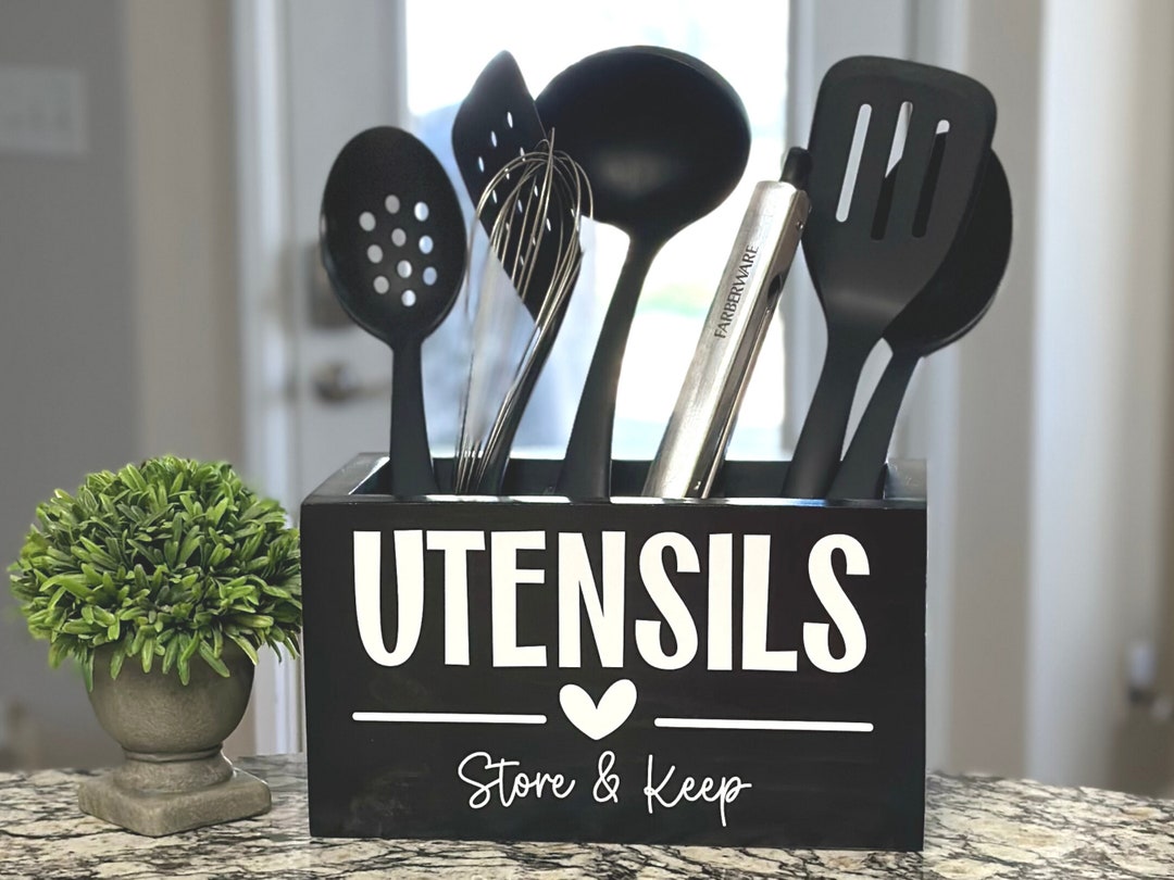 Large Utensil Holder, Personalized Wood Kitchen Utensil Caddy, Cooking