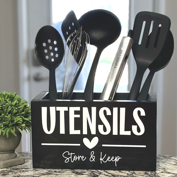 Large Utensil Holder, Personalized Wood Kitchen Utensil Caddy, Cooking Tools Holder, Countertop Organizer