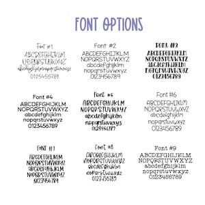 May include: A graphic showcasing nine different font options, each displaying the alphabet and numbers 0-9. The fonts vary in style, from handwritten to bold, with the title "FONT OPTIONS" in purple script at the top.