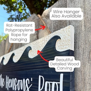 K&ouml;nnte beinhalten: Ein Holzschild mit dunkelblauem Grund und wei&szlig;en Wellenschnitzereien. Der obere Rand hat eine dekorative wei&szlig;e Bord&uuml;re. Das Schild enth&auml;lt den Text "The Hensons' Pool" in wei&szlig;en Buchstaben und ist zum Aufh&auml;ngen mit einem Seil vorgesehen.