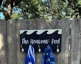Personalized Pool Towel Holder, Pool Towel Sign, Hot Tub Towel Rack, Custom Pool Sign