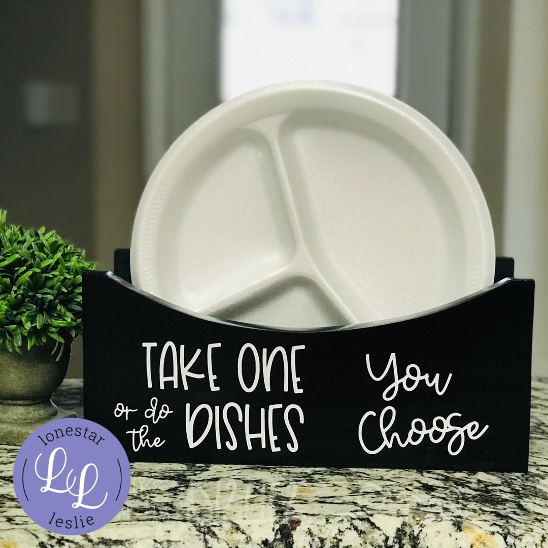 Paper Plate Holder for Kitchen Counter, Paper Plate Organizer with Large  Cup Holder,Wooden Paper Plate Dispenser Caddy,Disposable Plate Cup Napkin