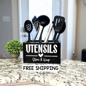 Large Utensil Holder, Personalized Wood Kitchen Utensil Caddy, Cooking Tools Holder, Countertop Organizer