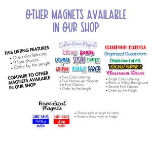 May include: An image showcasing various magnet designs. Text includes "Other Magnets Available In Our Shop," "Custom Name Magnets," "Classroom Magnets," and "Personalized Magnets." Features include one or two color lettering, multiple font choices, and options for classroom decor.