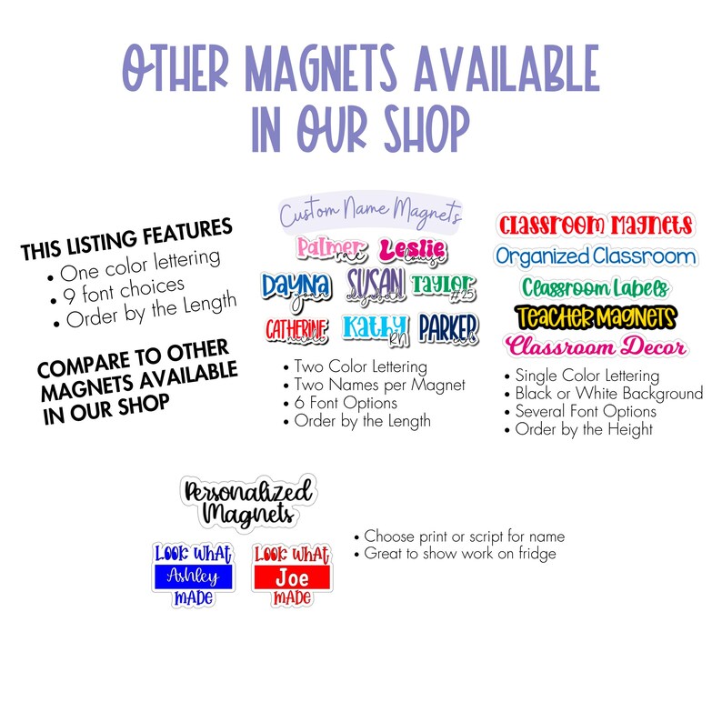 May include: An image showcasing various magnet designs. Text includes "Other Magnets Available In Our Shop," "Custom Name Magnets," "Classroom Magnets," and "Personalized Magnets." Features include one or two color lettering, multiple font choices, and options for classroom decor.