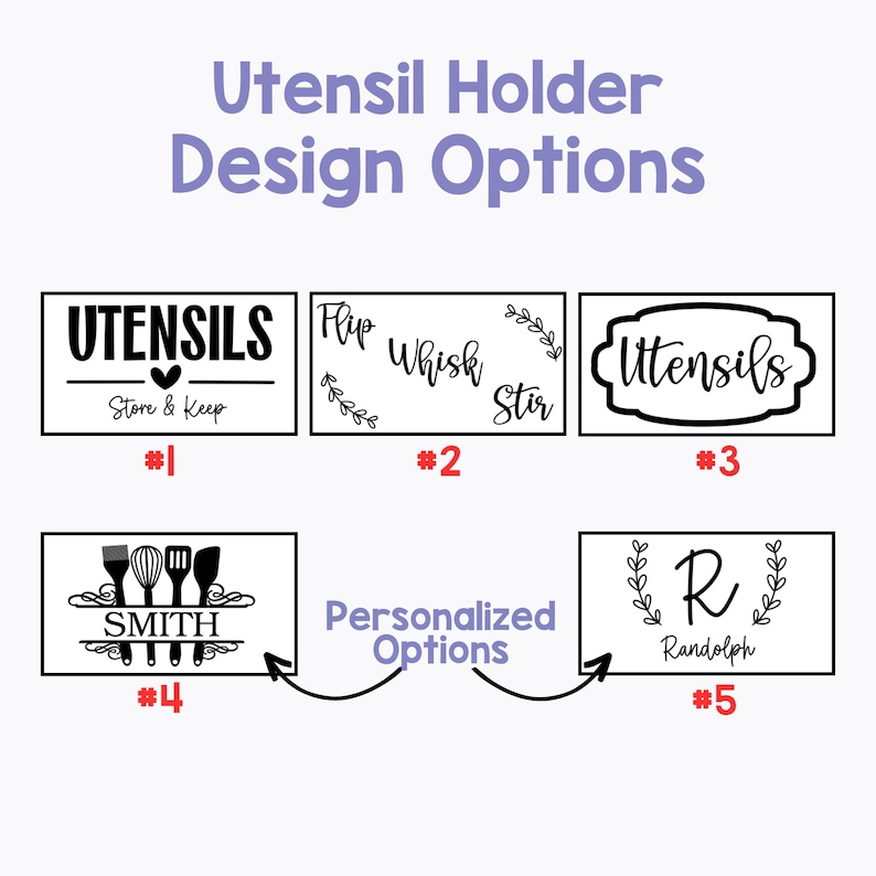 Op de afbeelding: Afbeelding met ontwerpopties voor keukengerei houders. De tekst bevat "Utensil Holder Design Options" en verschillende ontwerpen, genummerd van #1 tot #5. Ontwerpen bevatten tekst zoals "Utensils", "Flip Whisk Stir" en gepersonaliseerde opties met namen.