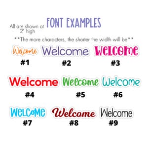 May include: Font examples of the word "Welcome" in various styles. The text is shown in different colors, including orange, purple, pink, red, green, and blue. The text is shown at 2 inches high.