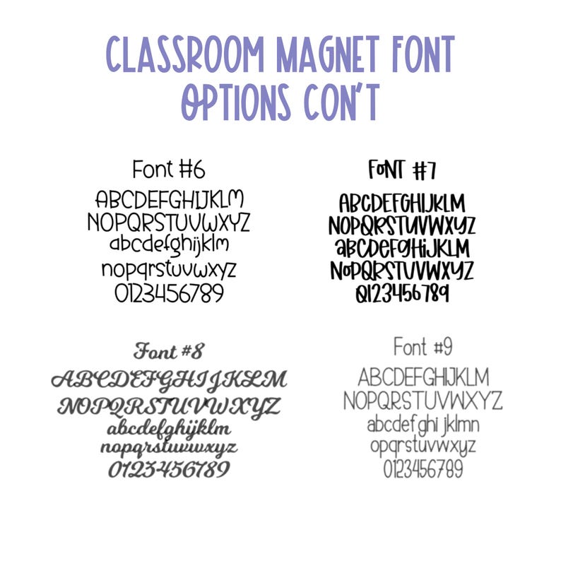 May include: A white background displays four different font options for classroom magnets. The text "CLASSROOM MAGNET FONT OPTIONS CON'T" is in purple. Each font option shows uppercase and lowercase letters and numbers.
