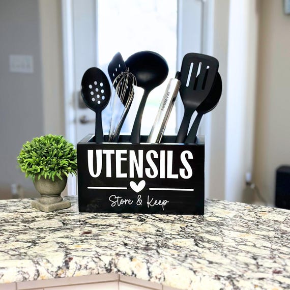 Large Utensil Holder, Personalized Wood Kitchen Utensil Caddy, Cooking Tools Holder, Countertop Organizer