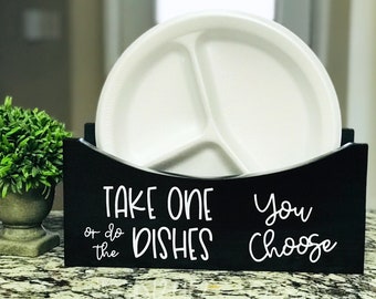 Paper Plate Holder for Events Parties or Kitchen Counter, Take One or do the Dishes You Choose, Hostess Party Decor