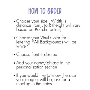 May include: White background with the text "HOW TO ORDER" in purple script. Bullet points detail the ordering process: size selection, vinyl color, font choice, personalization, and mockup requests. The text is in black.