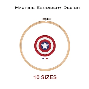 Può includere: Design di ricamo a macchina dello scudo di Capitan America in rosso, bianco e blu. Il design è mostrato in un telaio da ricamo in legno. Sono disponibili 10 dimensioni.