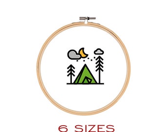 Diseño de bordado de tienda de campaña, escena de barbacoa en el bosque (archivo digital)