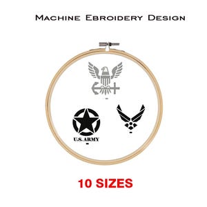 May include: Machine embroidery design featuring three military emblems: a gray eagle with anchor and cross, a black star with "U.S. ARMY" text, and a black Air Force symbol. The design is displayed on a wooden embroidery hoop. 10 sizes available.