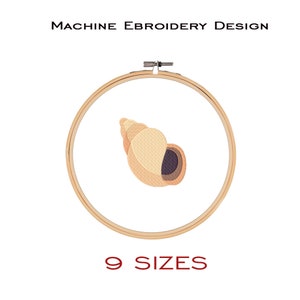 May include: A machine embroidery design of a seashell in a wooden embroidery hoop. The design is available in 9 sizes.
