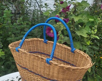 Beautiful blue handled vintage shopping basket. Kitchenalia. Vintage wicker basket.