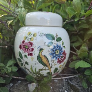May include: A white ceramic jar with a lid, decorated with a vibrant floral and peacock pattern. The jar has a rounded form and a lid. The design incorporates pink, blue, and yellow flowers, and a green and yellow peacock.
