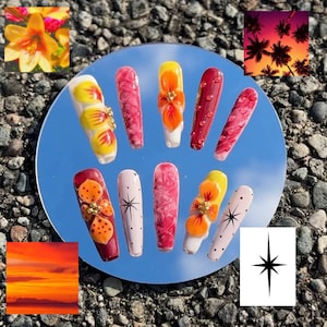 May include: A set of ten press-on nails featuring a variety of designs including yellow and orange floral patterns with gold accents, red and pink marbled textures, solid red with small dots, and light pink nails with black starburst designs.