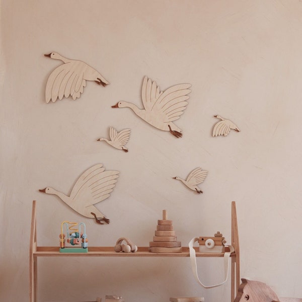Wooden Flying Geese Wall Decor Boho Nursery Art Baby Room Gift Handmade Natural Wood Bird Wall Hanging