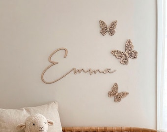 Personalized wooden name with 3 butterfly wall decor nursery baby room wooden sign boho Scandinavian kids room 2026 trend gift