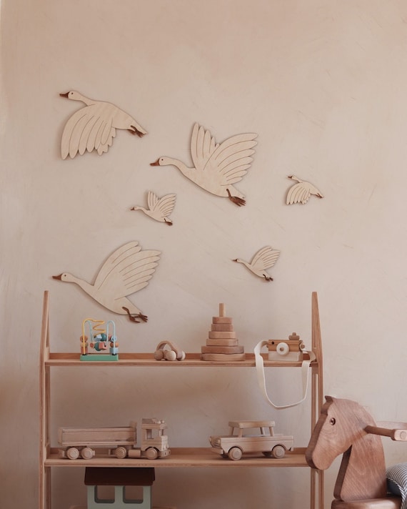 Wooden Flying Geese Wall Decor Boho Nursery Art Baby Room Gift Handmade Natural Wood Bird Wall Hanging