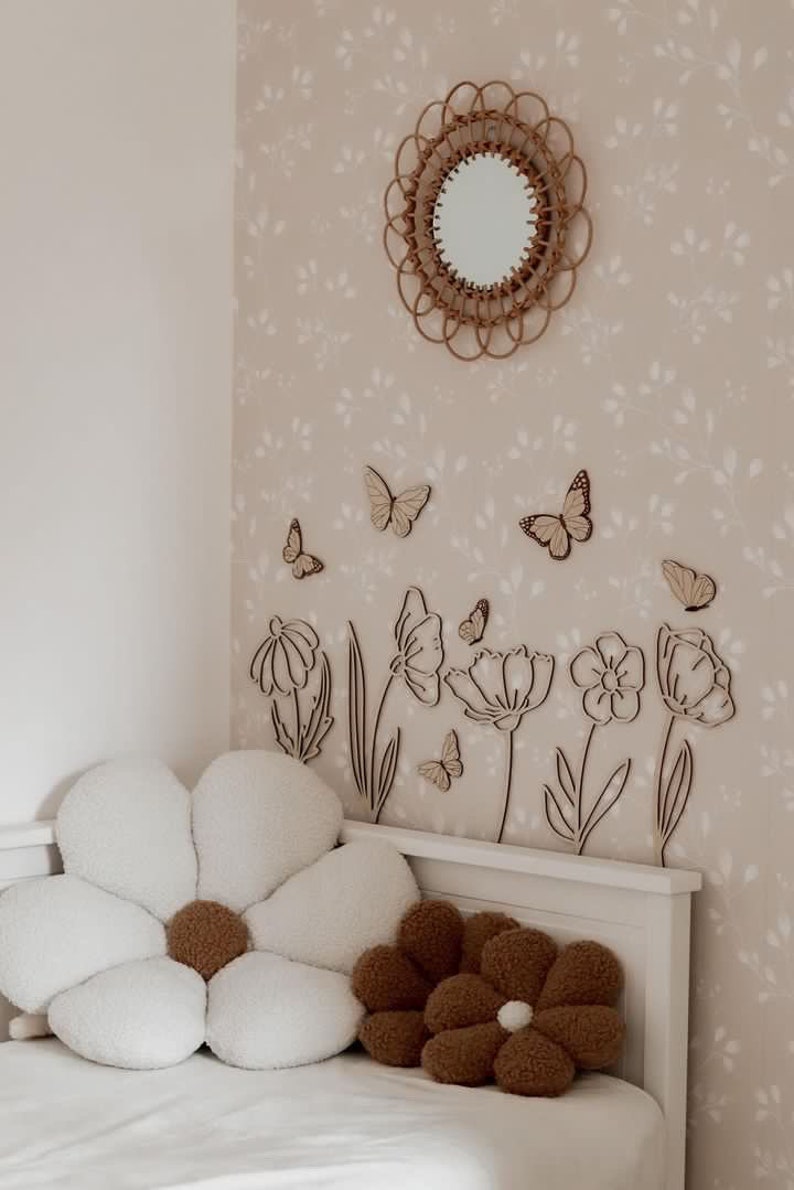 Wildblumen aus Holz Nursery decor wooden flowers nursery wall decor Holzblumen Basteldekoration Wildflower wooden butterflies zdjęcie 3