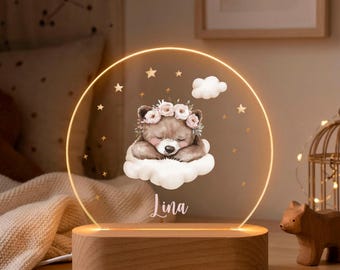 Personalized Sleeping Bear Night Light | Christening 1st Birthday Gift | Custom Baby Lamp with Name | Nursery Decor