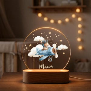 Personalized Bear Airplane Night Light • Custom Name Nursery Lamp • Newborn Gift • Baby Shower Present • Baptism Gift
