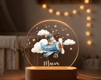 Personalized Bear Airplane Night Light • Custom Name Nursery Lamp • Newborn Gift • Baby Shower Present • Baptism Gift