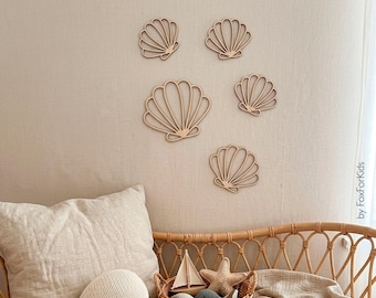 Houten Schelpen Wanddecoratie Set van 5, Kuststijl Babykamer Decoratie, Strand Babykamer, Oceaan Decoratie, Zeemeermin Kinderkamer