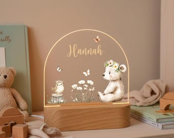 Personalized LED lamp for girls with bear and flowers. Perfect gift for birthdays, christening, spring