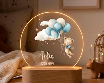 Personalized Baby Night Light with Name – Christening Gift – LED Nursery Lamp – Teddy Bear with Balloons – Newborn Keepsake