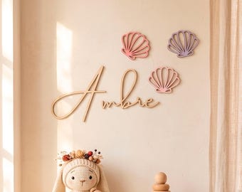 Personalized Wooden Name Sign with Seashells – Pink Purple Nursery Decor