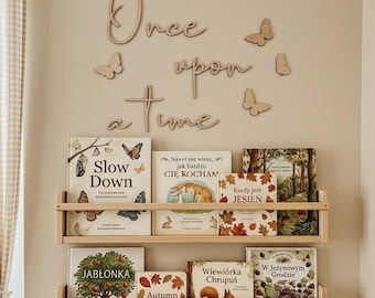 Once Upon a Time Wall Decor for Kids Reading Nook | Wooden Butterflies and Book Shelf | Nursery Room Decor, Children's Literature Art