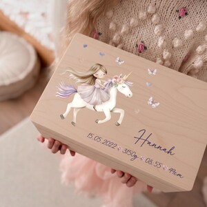 personalized Wooden baby memory box with a name birth details and unicorn ilustration